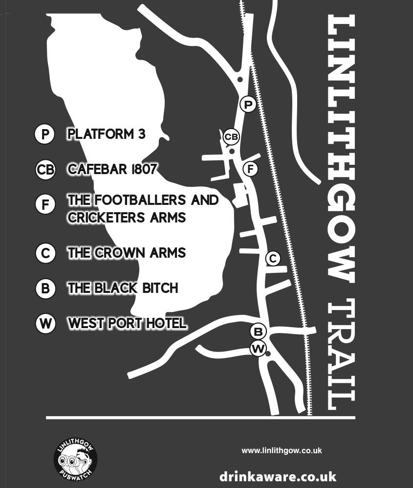 Linlithgow pubs participating in the Ale Trail include: Platform3;  Cafebar 1807; The Footballers and Cricketers Arms; The Crown Arms; The Black Bitch and The West Port Hotel