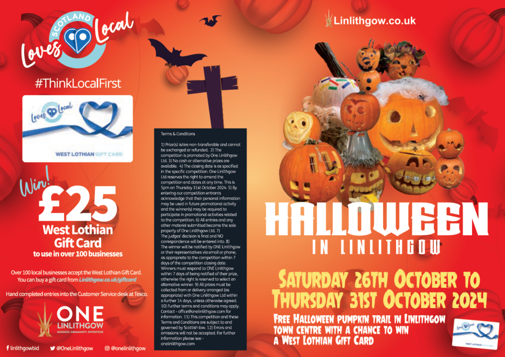 Halloween in Linlithgow. Free Halloween Pumpkin Trail 2024 from 26th to 31st October 2024
